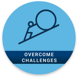 Overcome challenges featuring figure rolling boulder up hill